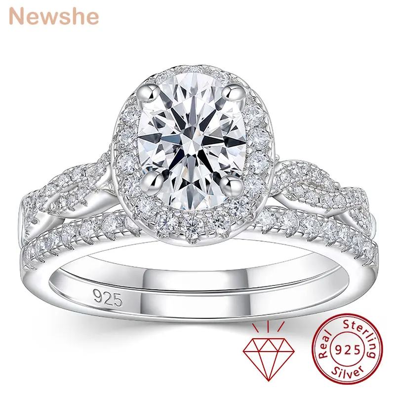 

Комплект обручальных колец Newshe из стерлингового серебра 925 пробы с муассанитом D VVS1 для женщин: помолвочное кольцо с овальной огранкой и ореолом