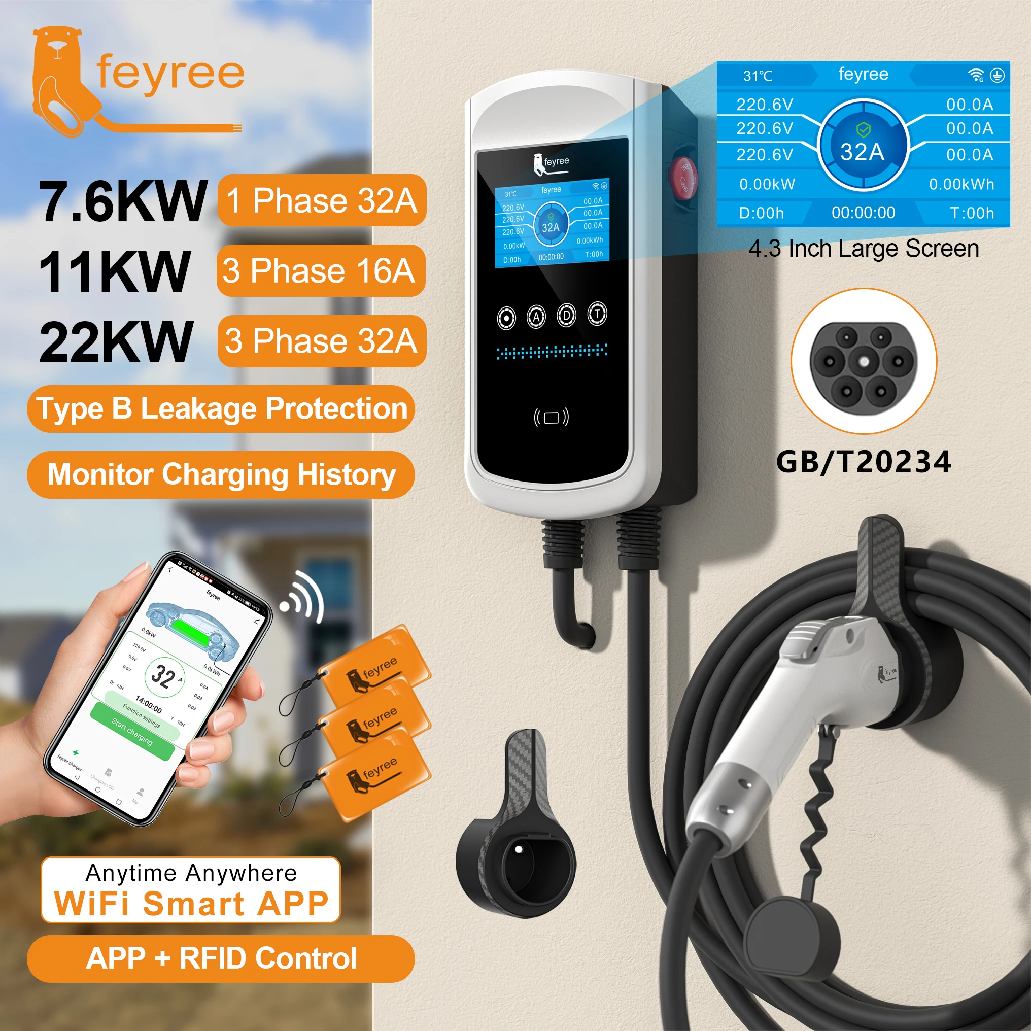 feyree GB/T Socket EV Charger 7.6kw 32A Wallbox 4.3 inch Big Screen APP Charge History Record 11kw 22kw 3 Phase Charging Station