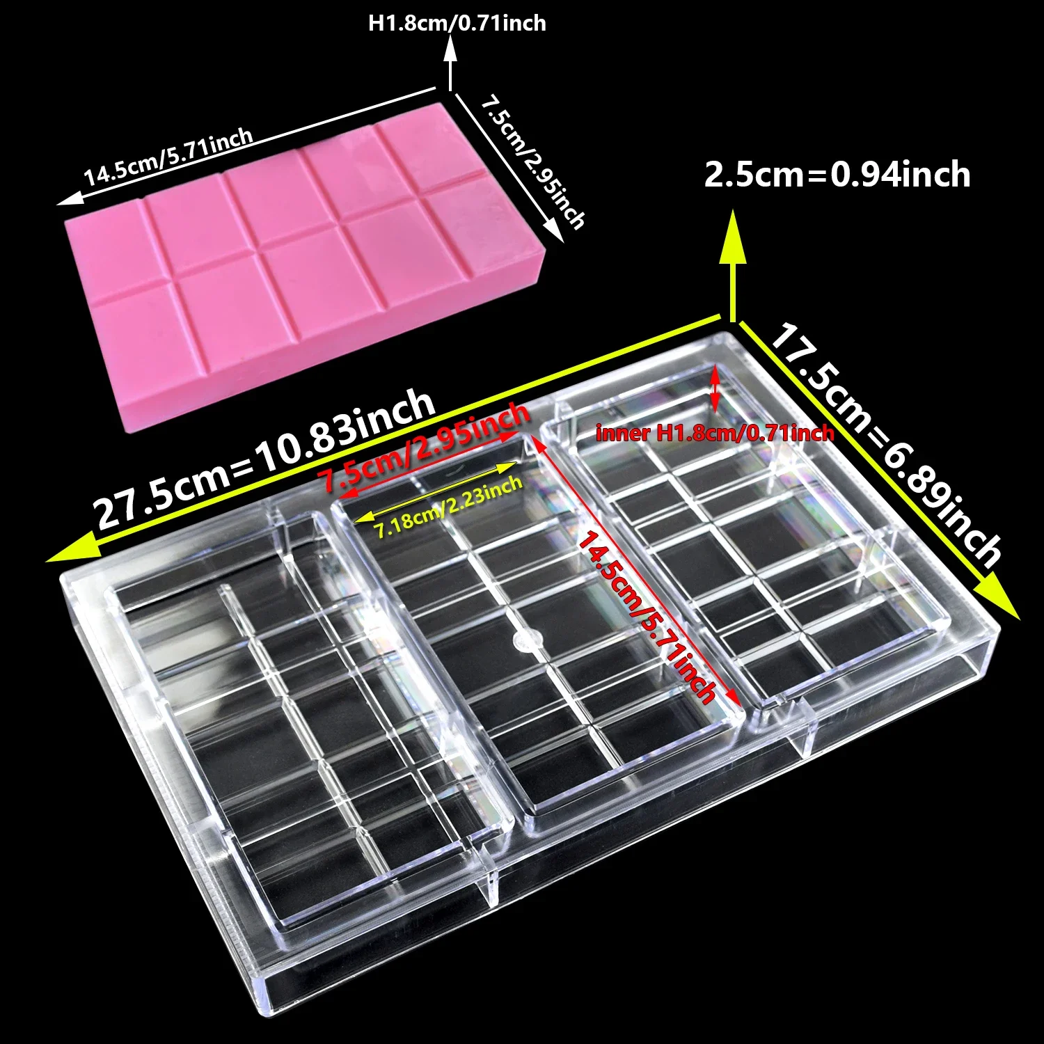 Dubai Chocolate Bar Mold Polycarbonate Candy Mould Baking Pastry Confectionery Baker Tools