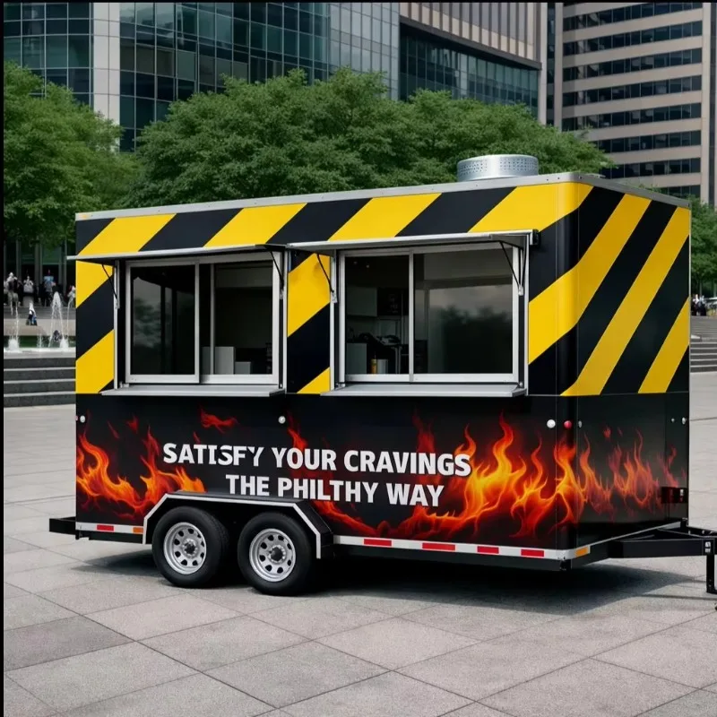 All Weather Food Trailer with Large Serving Windows and Protective Awning for Year Round Street Food Business Customized