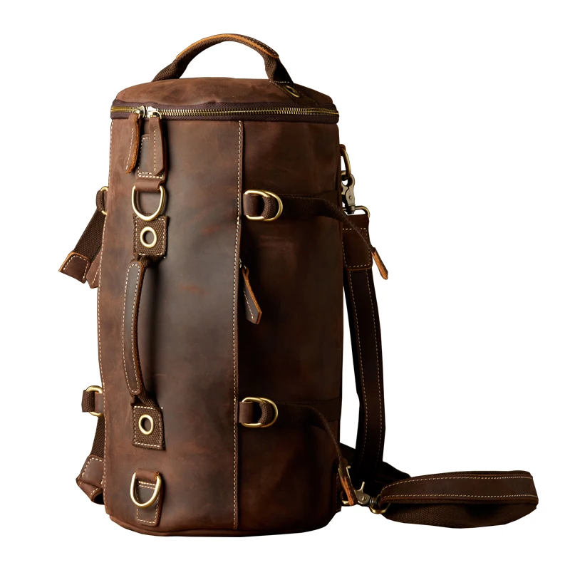 Genuine Cowhide Cylinder Backpack Retro Large Capacity Barrel Bag Men Crazy Horse Leather Casual Travel Hiking Shoulder Bag