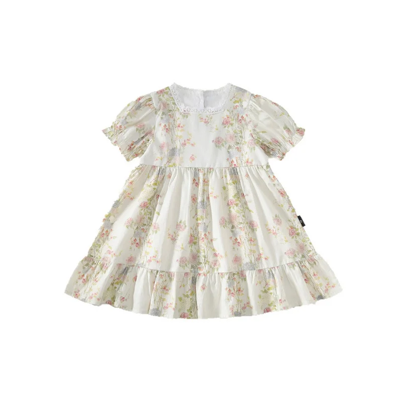 French-style gentle floral square-neck girls' dress, new summer model with lace short sleevesASweet and cute princess dress
