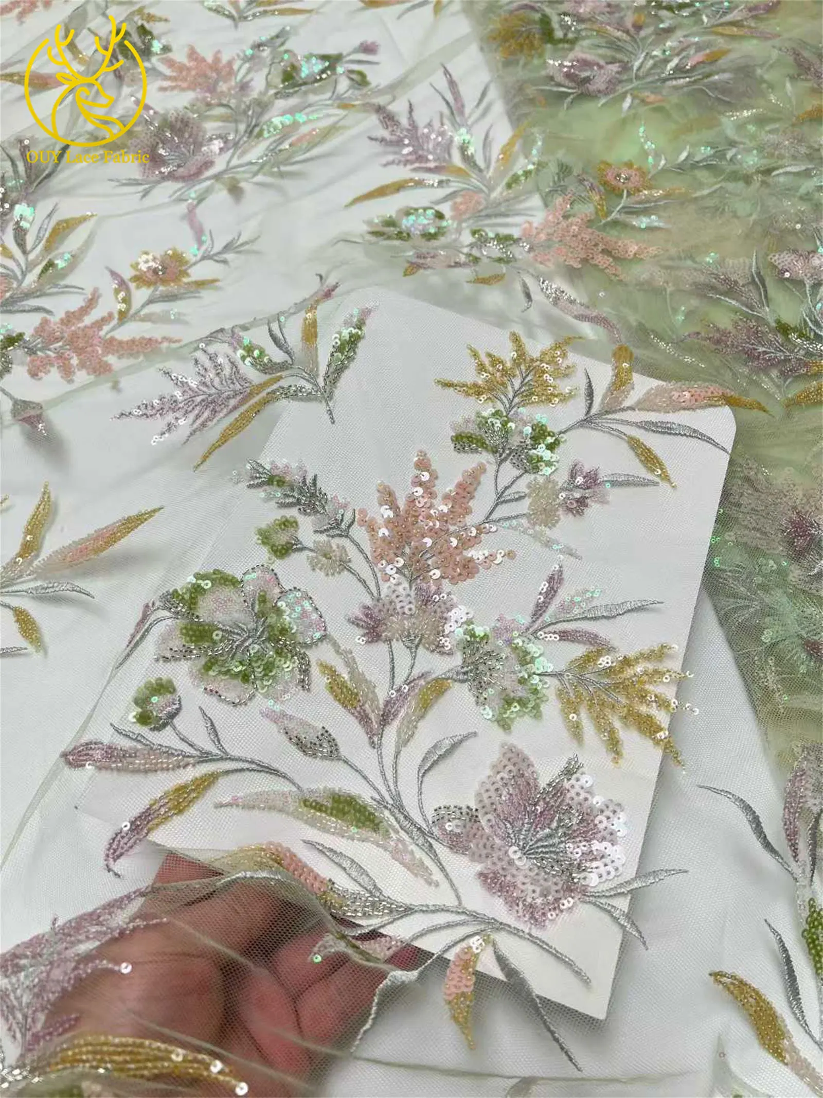Neuester mit Pailletten bestickter Spitzenstoff 2026 Hochwertiger nigerianischer Perlen-Spitzenstoff, geeignet für Damen-Hochzeitskleider, 5 Yards – Detail 11