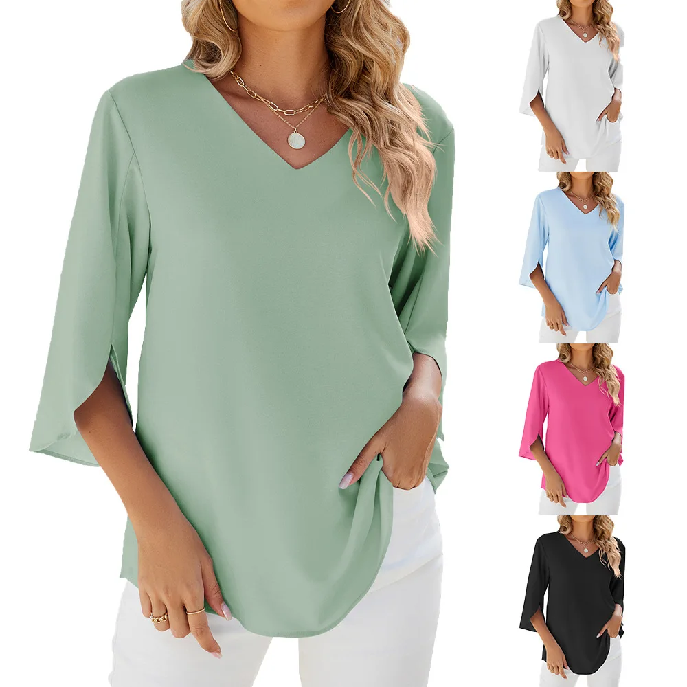 2025 European and American Summer New V-neck Ice Silk Solid Color Loose Casual T-shirt