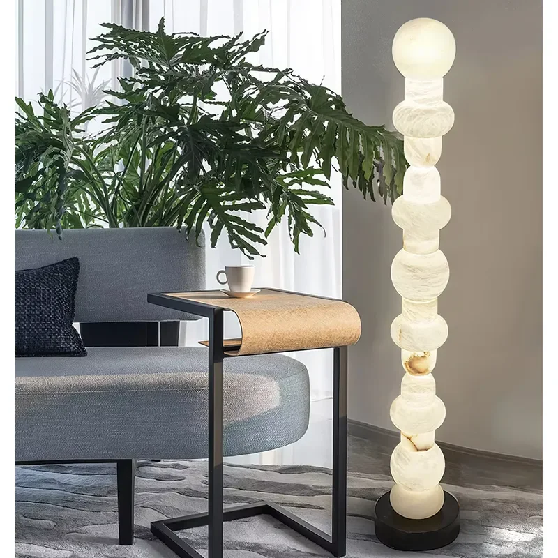 Modern Minimalist LED Floor Lamp Living Room Decor Contemporary Design Alabaster Stone Shade Large Size Dimmable High
