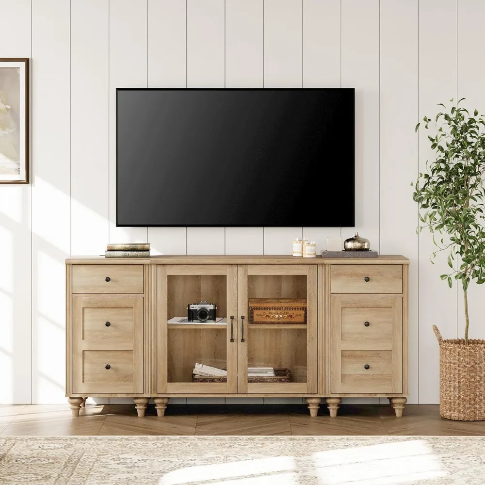 

TV Stand for 75 Inch TV, Wood TV Cabinet Entertainment Center with Charging Station, Glass Door Buffet Cabinet for Dining Room,