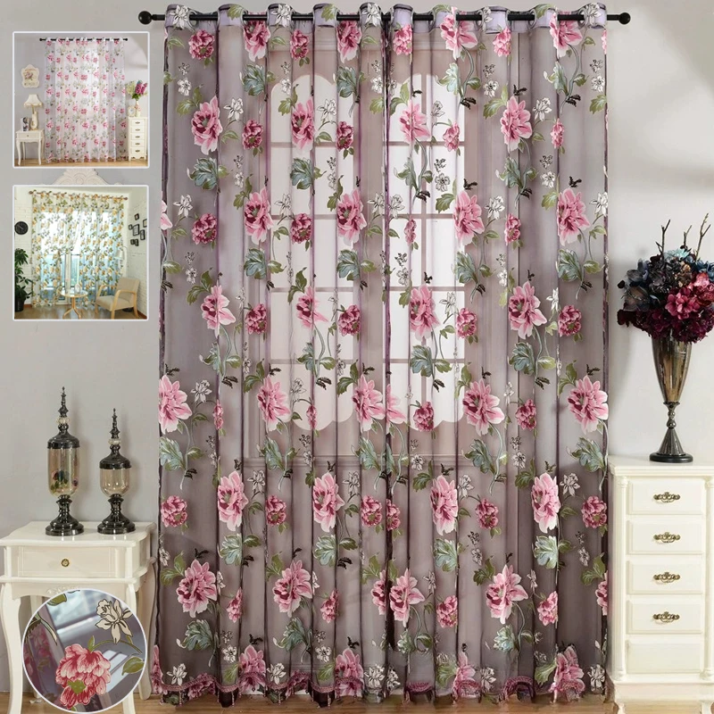 

Tulle Sheer Flower Pattern Valance Drape For Living Room Purple Tulle Window Treatments Panel Draperies Home Decor оконные шторы