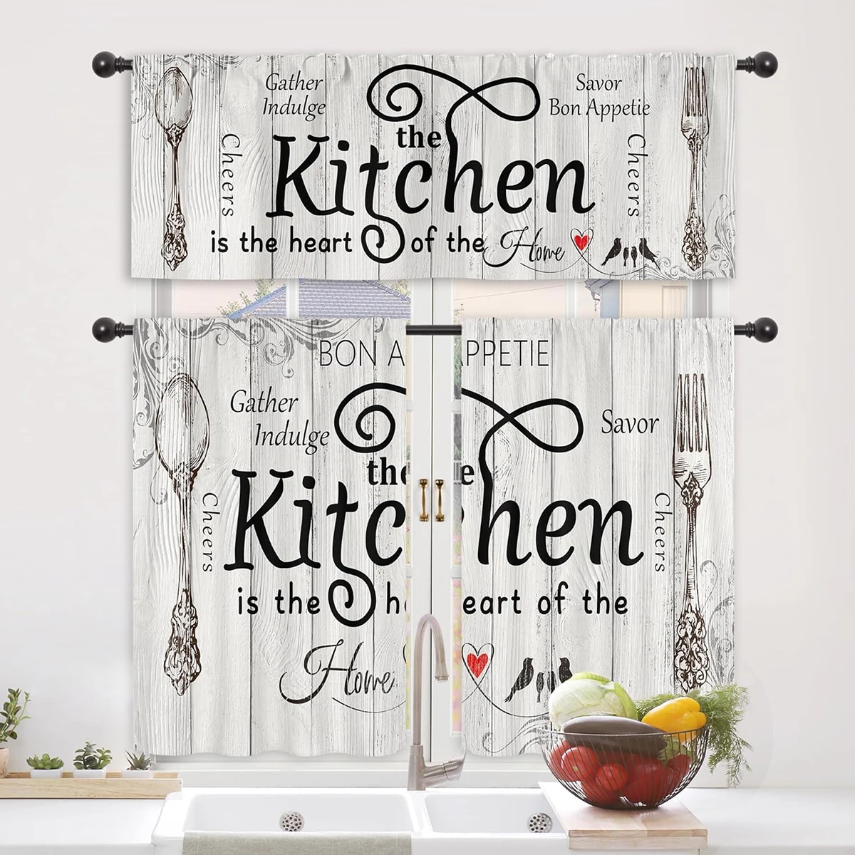 Valance and Short Curtains Set, Kitchen Text Utensil Print, Rustic Farmhouse Style, Tier Curtains, Perfect Kitchen Decor