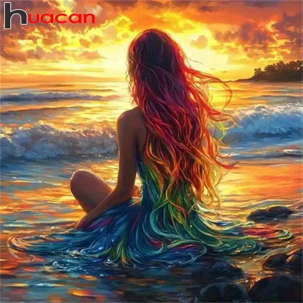 Huacan 5D DIY Diamond Painting Beauty Girl Back View Seaside Sunset Full Square Round Wall Decor Diamond Embroidery New Arrivals