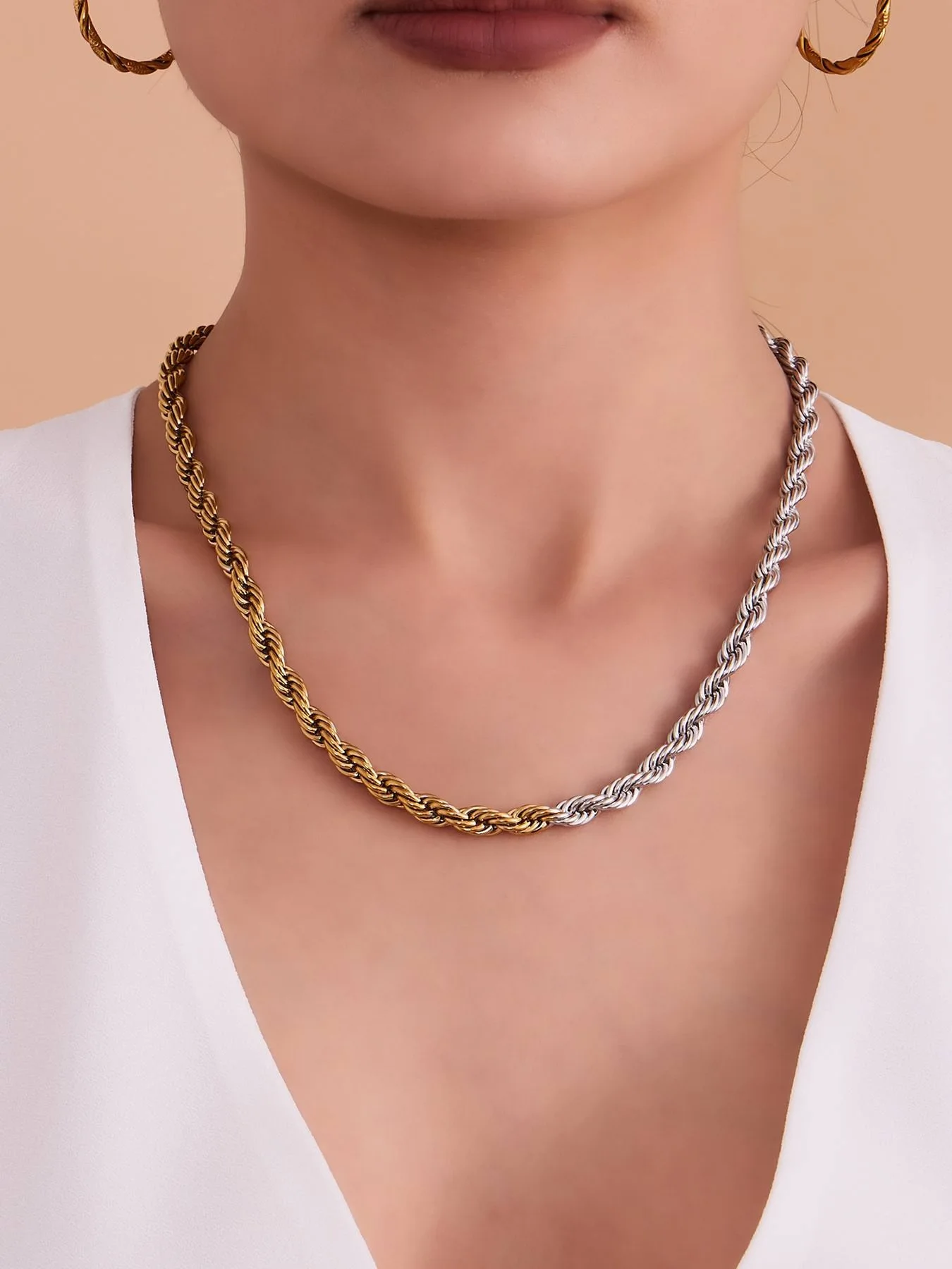 

Joolim Jewelry Wholesale Waterproof&No Fade Fashion Basic Chunky Two-tone Twisted Rope Chain Stainless Steel Necklace for Wom