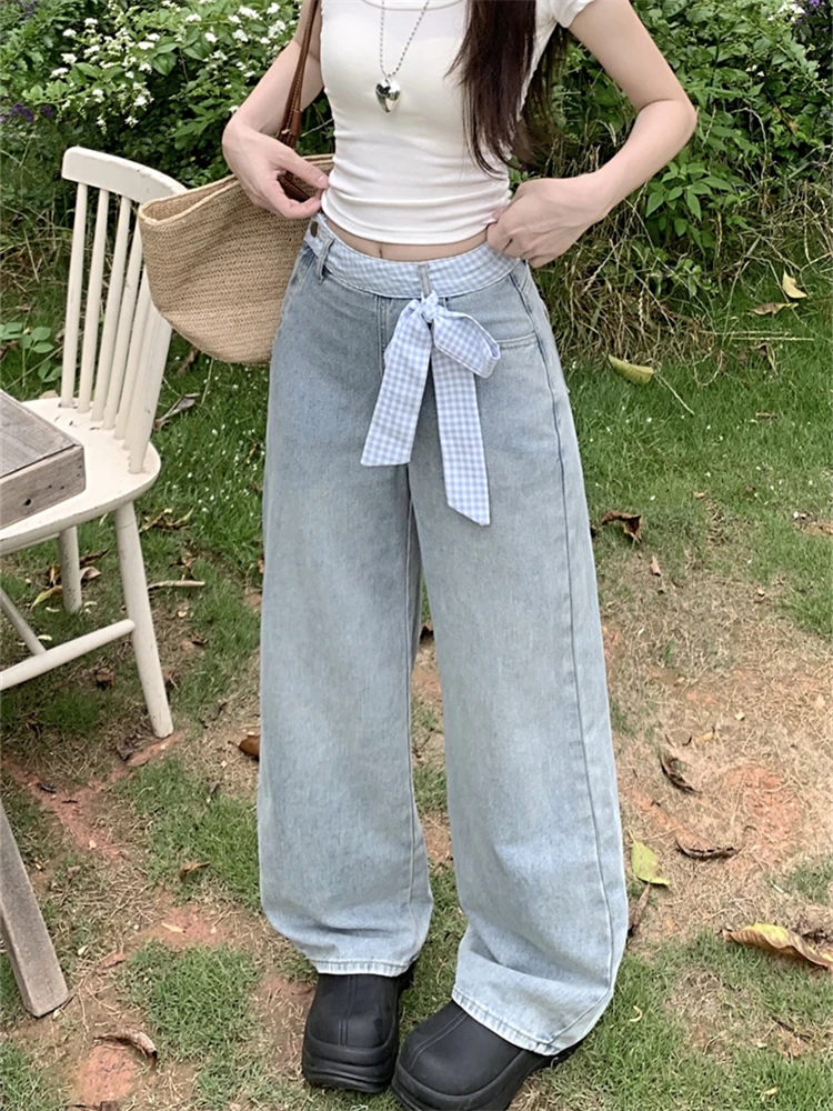 Women's Blue Checkered Stitching Straight Wide Leg Jeans Personalized Trousers Cool Girl Casual Bottoms Female Street Denim Pant