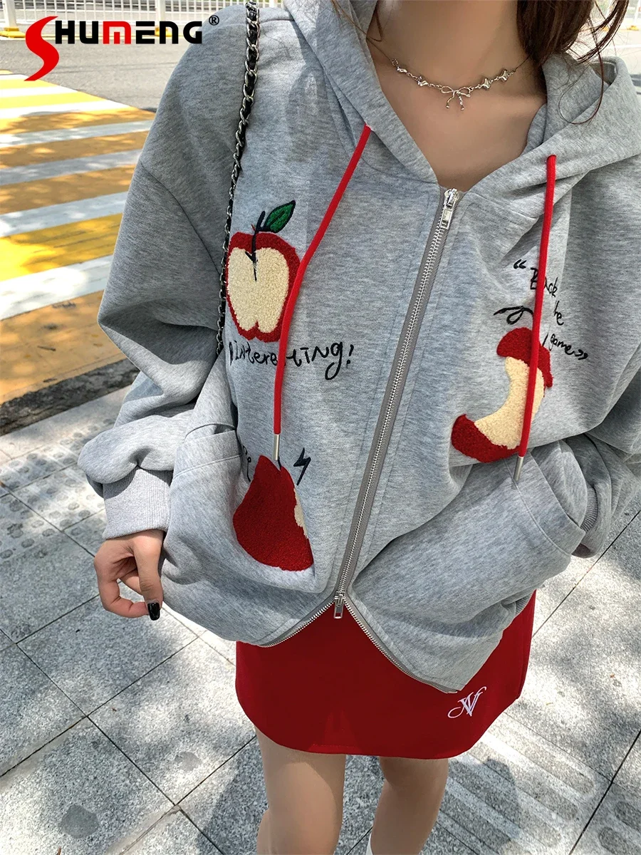 

Lazy Streetwear Style Heavy Industry Flocking Embroidery Drawstring Hooded Sweatshirts Loose Casual Zip Up Hoodie Women Autumn