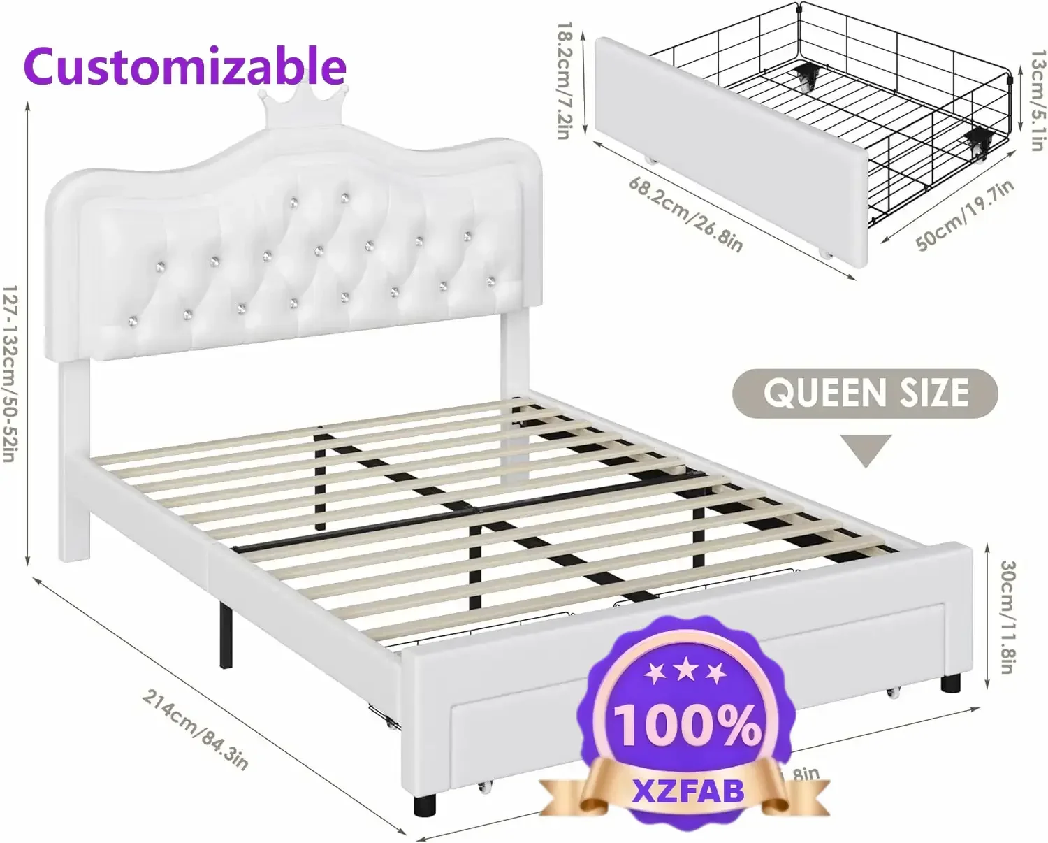 Factory Direct 2026 Nordic Leather Princess Platform Bed,w/Adjustable Crystal Button Tufted Crown,Queen Upholstered LED Bed