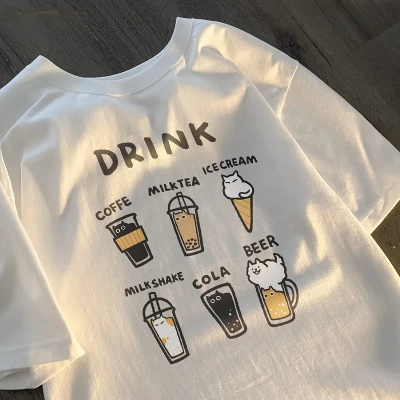 

Creative Cat Drink T-shirt Design for Men and Women Cat Drink Original Couple T-shirt Short Sleeve Loose Women Clothing