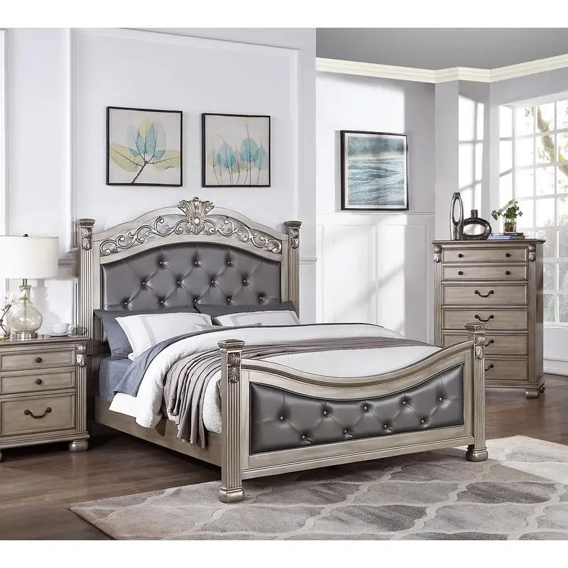 

Antique Silver California King Size Bed with Tufted Faux Leather Headboard & Footboard Frame