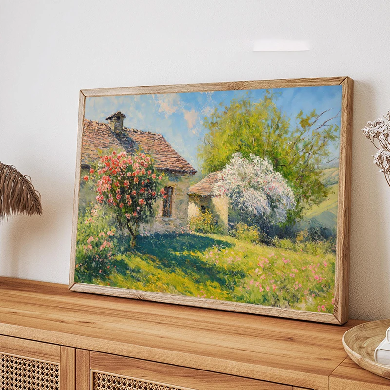 French Summer Country Landscape Cottage River Canvas Painting Poster Print Rustic Wall Art, Farmhouse Home Decoration