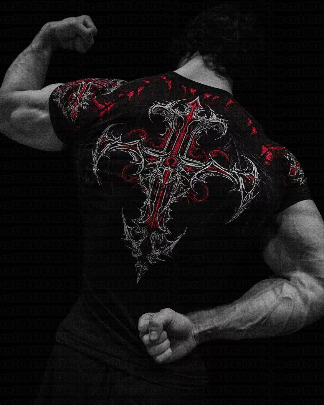 Herren Kinder Schnelltrocknendes Kompressions-T-Shirt mit Gothischem Roten Kreuz Flügel-Rückenaufdruck T-Shirt Bodybuilding Workout Kurzarm Sportshirt Top – Detail 12