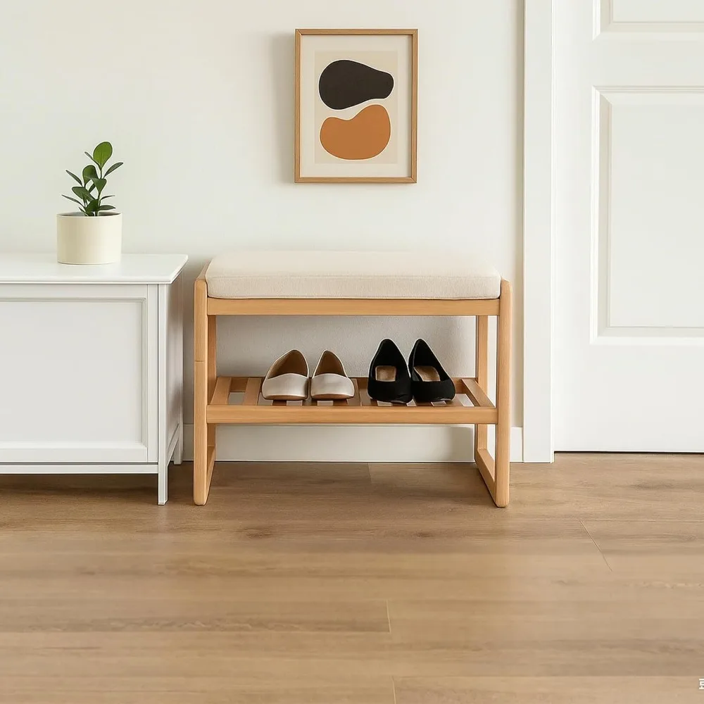 مقعد المدخل مع وسادة، رف أحذية من الخشب الصلب بطبقتين مع مقعد من إسفنج الذاكرة، مقعد تخزين منجد باللون البيج للممر، لا #5