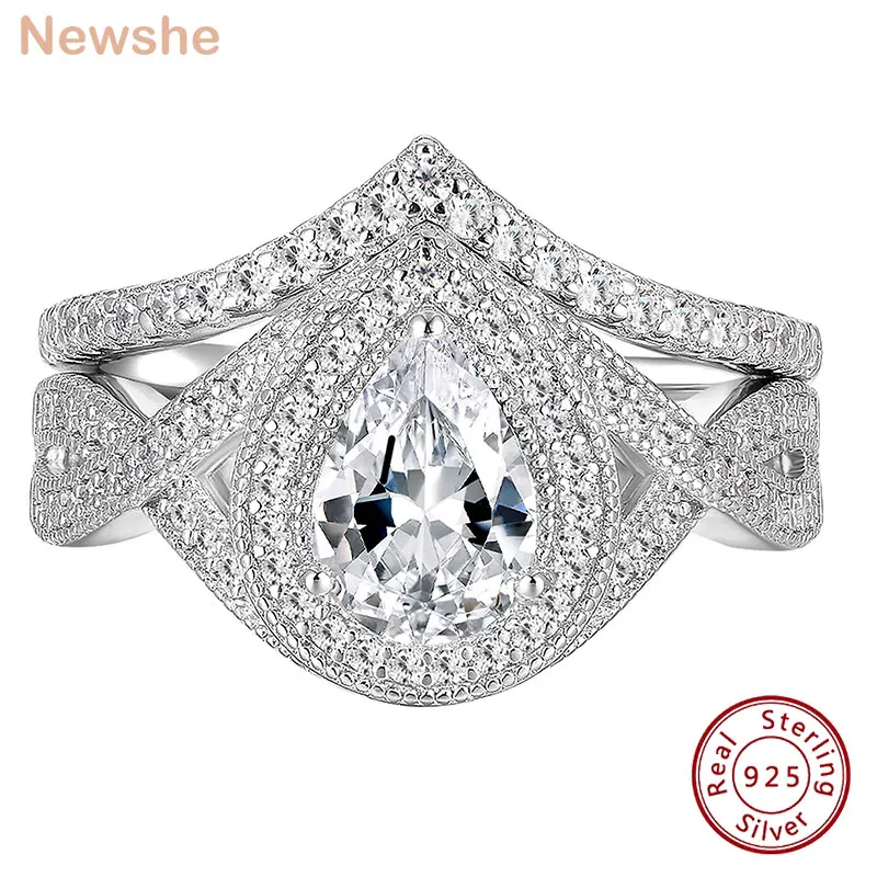 

Newshe 925 Sterling Silver Vintage Pear Halo Wedding Rings for Women 5A Cubic Zirconia Bridal Sets Size 5-10