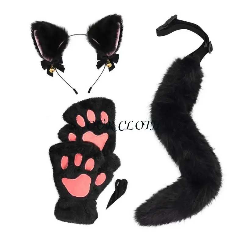 3Pcs Animal Costume Halloween Cats Costume Accessories Including Headband, Tail, Gloves Y1AC