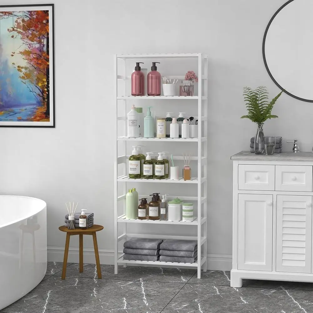 Estantería de bambú de 6 niveles: almacenamiento multiusos ajustable para el hogar, color blanco