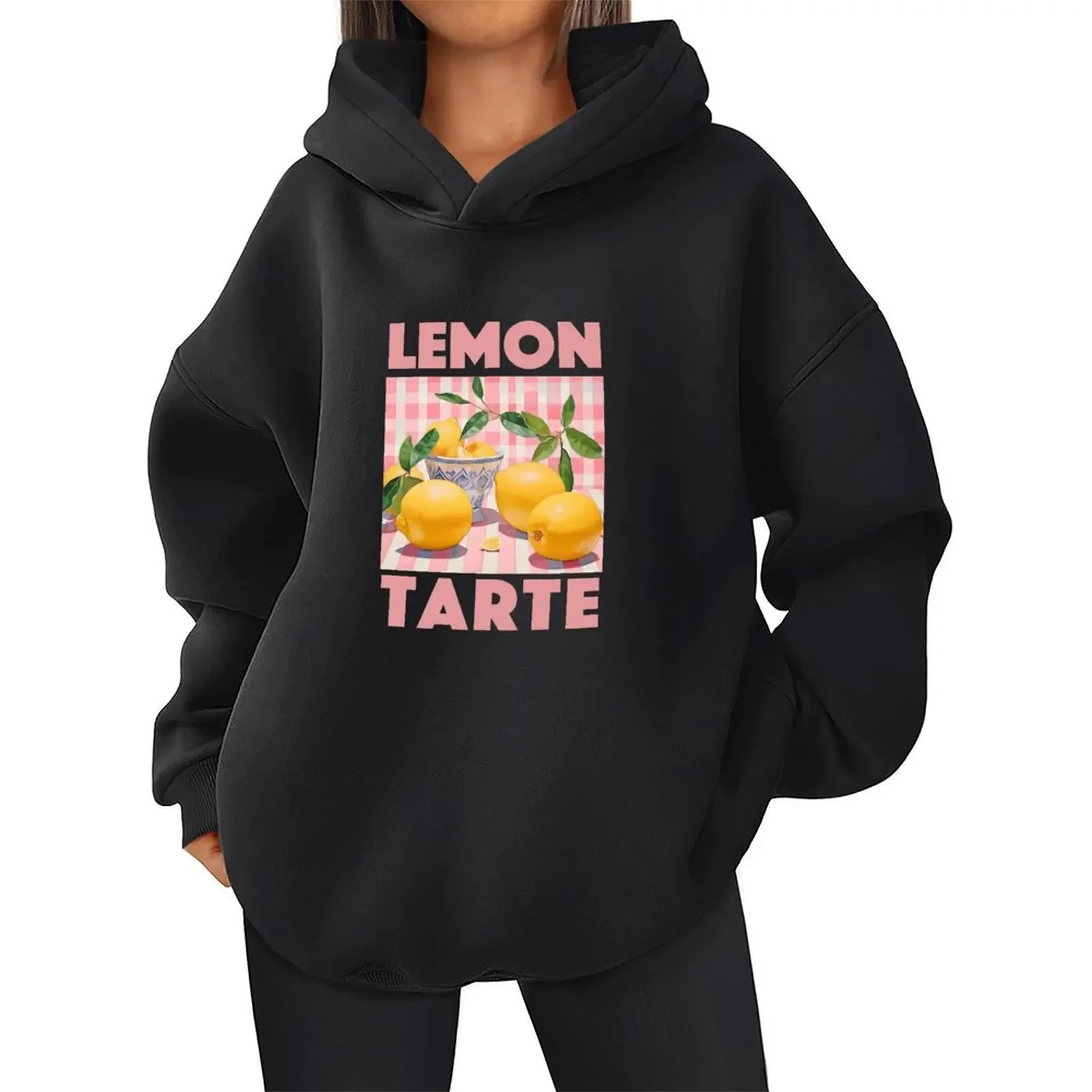 여성 긴팔 캐주얼 루즈 편안한 원단 프린트 신선한 과일 패턴 레몬 프린트 풀오버 후드티 가을 여성 의류