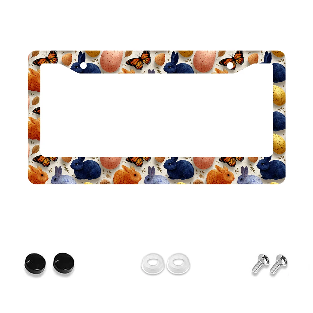 1pc Colorful Rabbit and Butterfly Pattern 2 Hole License Plate Frame, Aluminum Material, 6x12 Inches, with Screw Set, Cartoon,