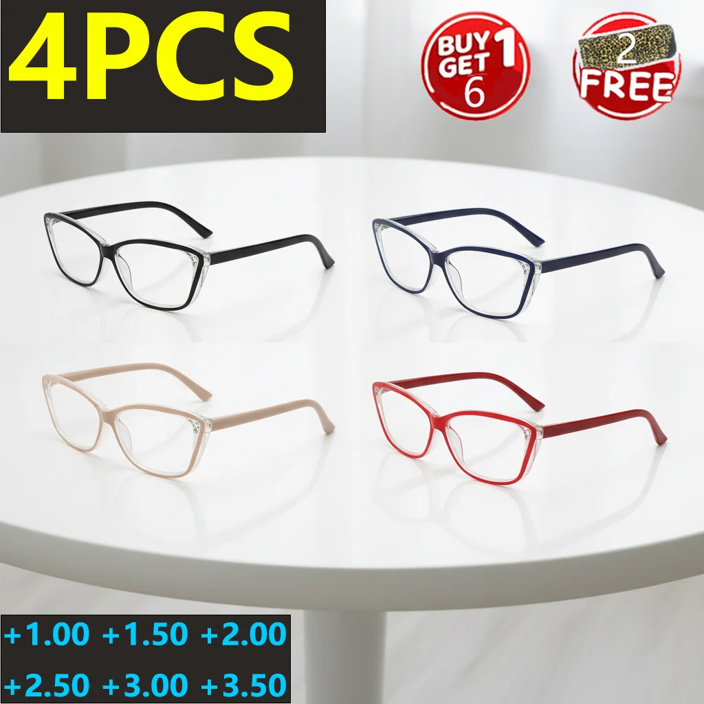 キャットアイ老眼鏡 4 個、超軽量で、スプリングヒンジ付きで快適な締め付け感のないフィット感を実現します。