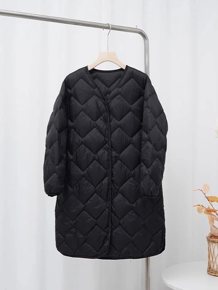 0-10℃ Korean Style Women Winter Coats 2024 New Autumn Ultra Light Long Duck Down Jackets Collarless Windproof Puffer Parkas