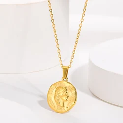Stainless Steel Portrait Queen Coin Necklace Fashion Gold Color Round Coin Carved Queen Pendant Choker Waterproof Female Jewelry