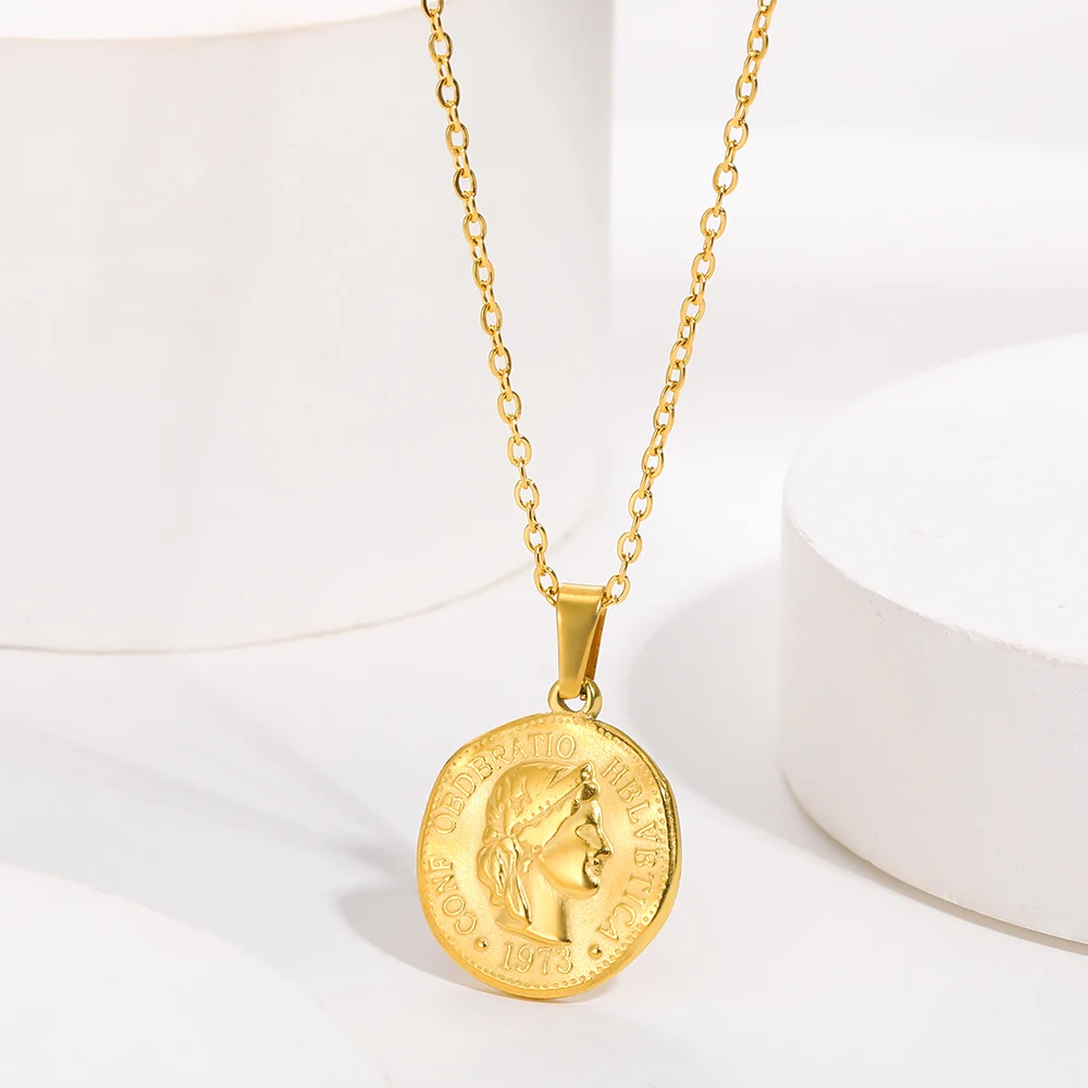 Portret królowej ze stali nierdzewnej naszyjnik na monety moda złoty kolor okrągła moneta rzeźbiona królowa wisiorek Choker wodoodporna biżuteria damska