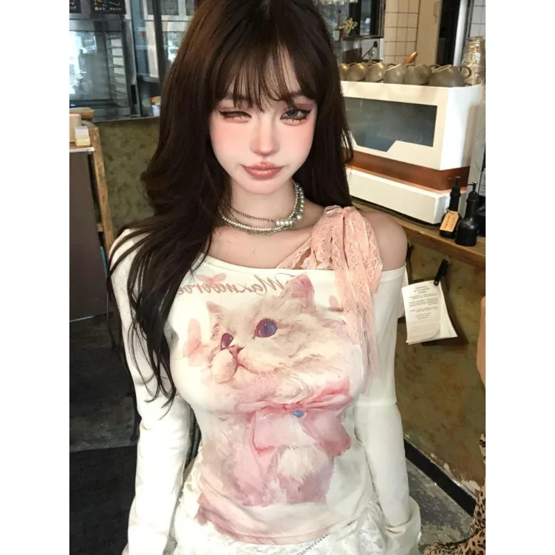 

Sweet Long Sleeve Lace Tshirts Women Design Kawaii Printed Blouse Office Lady Vintage Y2k Clothing American Tees Autumn Chic