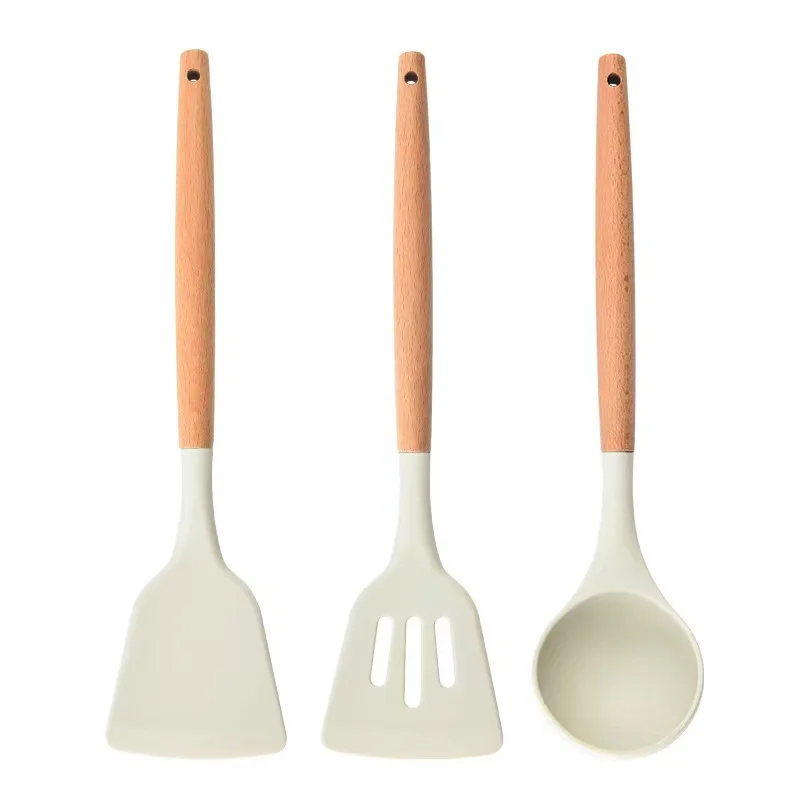 Household wooden handle silicone shovel kitchen utensils three-piece set spoon spatula kitchen utensils set non-stick pan steak