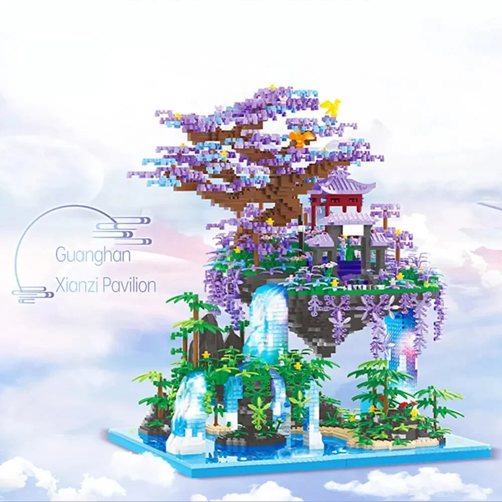 4574PCS Chinese Ancient Architecture Peach Blossom Pond Castle Model Building Block DIY Diamond Bricks with Light Children's Toy