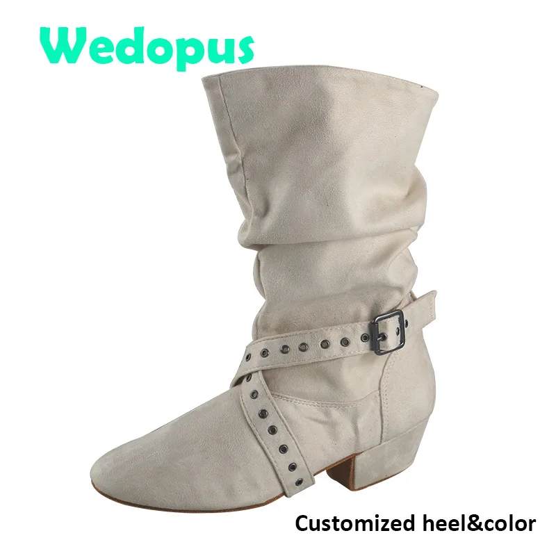 Wedopus Customized Heel Western Dance Boots Urban Charm Cream White Boots for Dancing Suede Sole