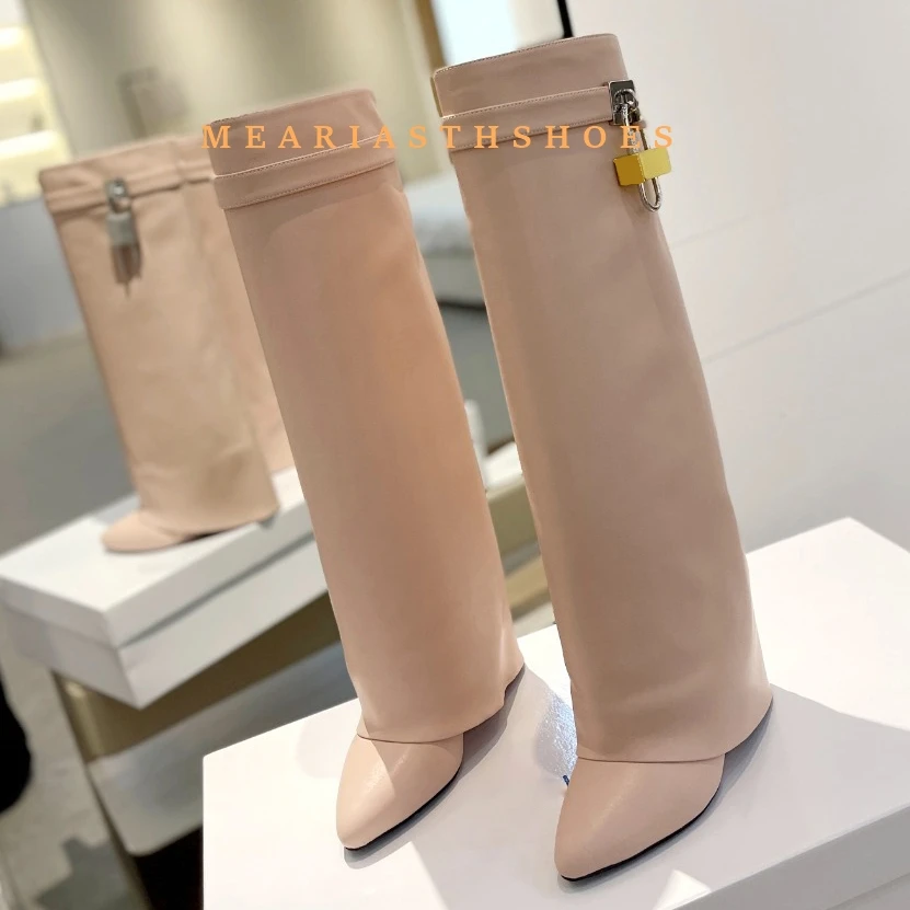 قفل معدني مطوية امرأة حذاء بكعب ويدج حزام جلد أسود الارتفاع زيادة حذاء برقبة للركبة أشار تو الشتاء أحذية طويلة حجم 44 #3