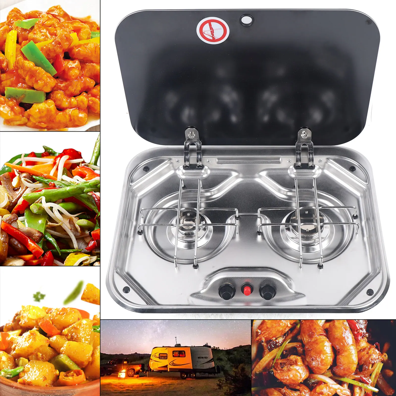 

480*370*50mm Boat RV Camper LPG Gas Stove Hob with 4mm Thick Tempered Glass & Faucet -Built in 2 Burners