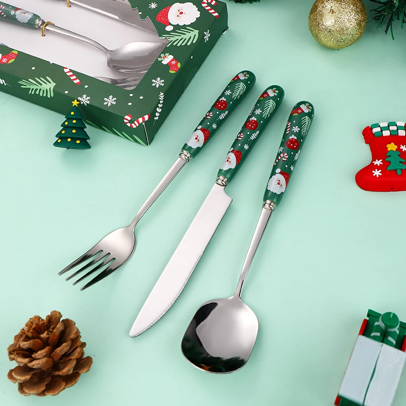 Christmas Tableware Set, 304 Stainless Steel Cutlery Set, Ceramic Handle, Luxury Dining Tableware, Christmas Dinner Set, 3Pcs