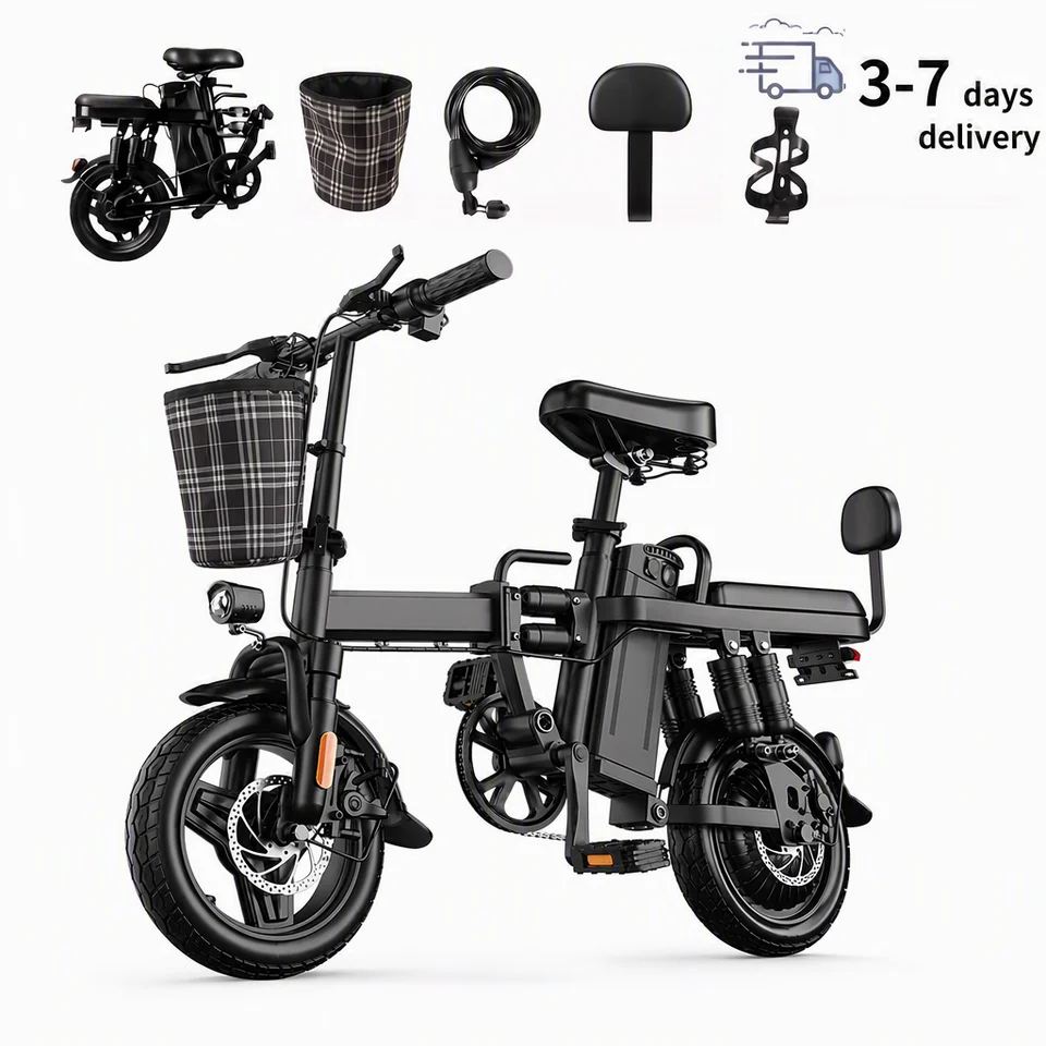 This Adult Folding Electric Bicycle Features a 500-watt Motor, a 48-volt 15-amp-hour Battery, 14-inch Tires, and a Maximum Range