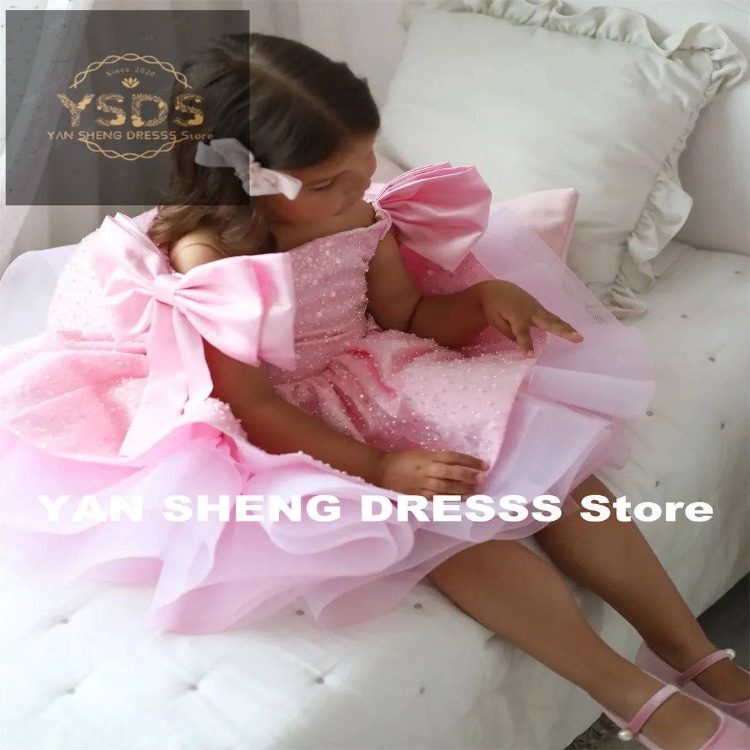 Customized Lovely Pink Flower Girl Dress for Wedding Sequins Beading with Bow Kids Birthday Party First Communion Ball Gowns