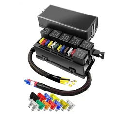 12 24V Vlot Fuse Relay Box Pre-Wired Fuse and Relay Box with 6 Relays and 11 Way ATC/ATO Relay Fuse Box Block For Auto Car