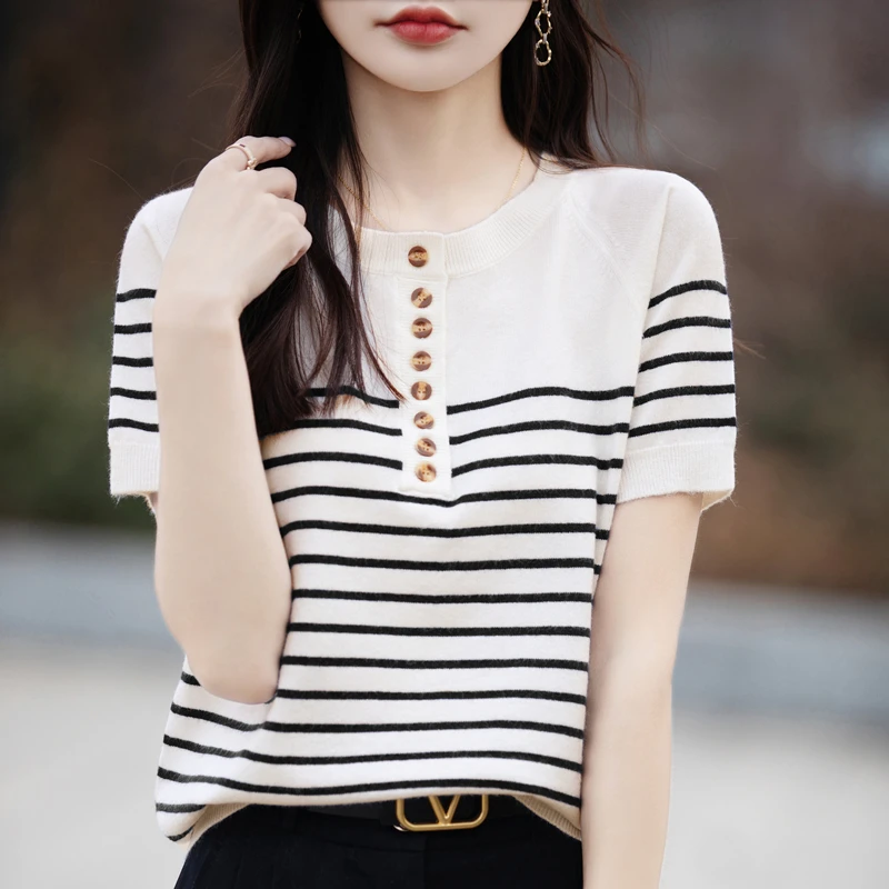 Spring And Summer New Cotton Women's Round Neck Knitted Short Sleeves With Striped Color Matching T-shirt Bottoming Shirt Top