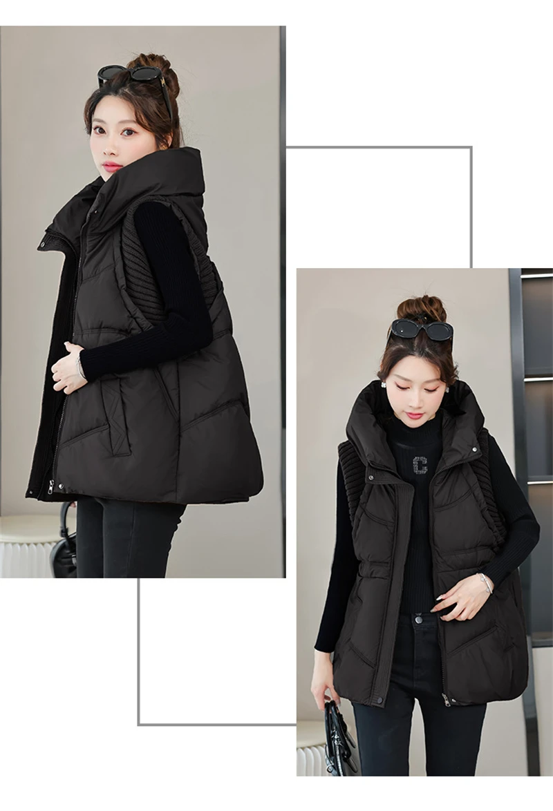 A-word Vest Down Cotton Padded Jackets Short Waistcoat Mid-Length Slim Hooded Autumn Winter Jackets Solid Women's Coats Trend
