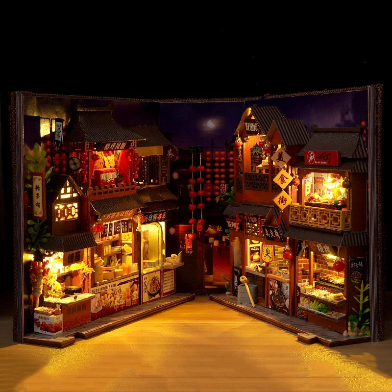 

OUZEY DIY Wooden Miniature Dollhouse Chinese Food Street Building Kits with Furniture Lights for Girls Birthday Gifts