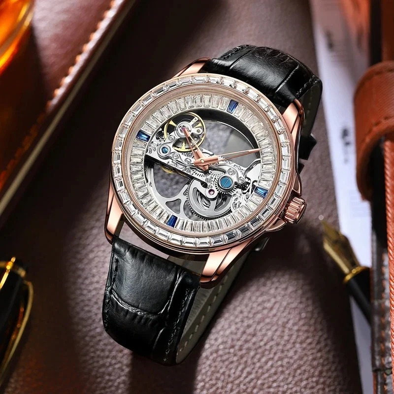 AILANG 8887 Men’s Skeleton Automatic Mechanical Watch, Colorful Gemstone Dial, Sports Style, Waterproof Wristwatch, Relogio Masc