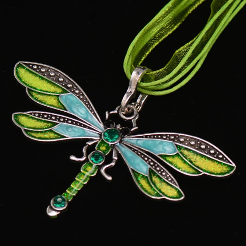 Vintage Enamel Dragonfly Pendant Necklace For Women Choker With Rhinestone Ribbon Wax Rope Chain Necklace Jewelry Gift