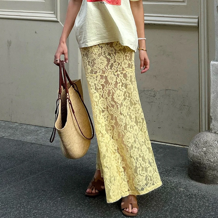 

Linad сексуальные желтые ажурные юбки с вышивкой женские уличные шикарные прямые юбки с высокой талией осень элегантные юбки до щиколотки 2025