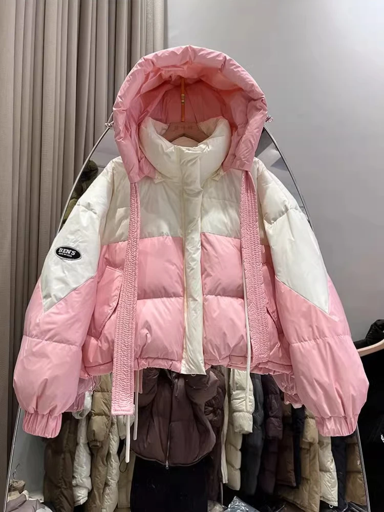

Winter Plus Size Thickened Down Jacket Women's Y2k Sweet Casual Bread Suit 2024 New Hooded Contrast Color White Duck Puffer Coat