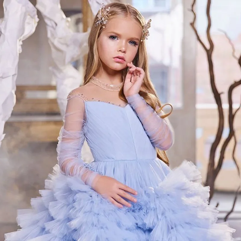 Luxury Girl Evening Dress Solid Tulle Fashion Princess Long Dresses for Elegant Party Girls Children Boutique Maxi Vestido