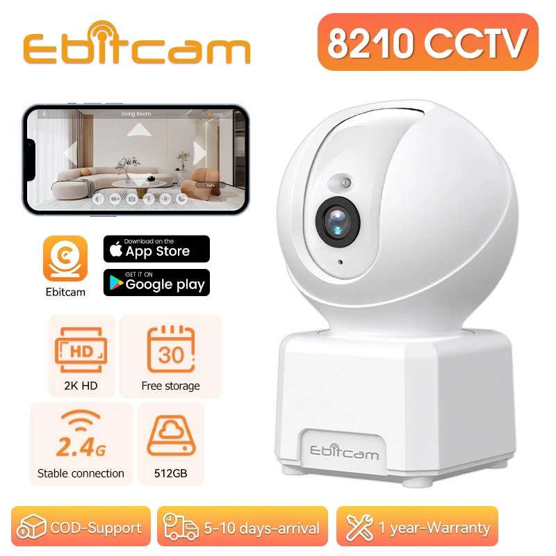 Ebitcam 360° Camera 2K WIFI Auto Track 2-Way Audio IR Night Vision AI Human Detection IP Camera PTZ Indoor Security Surveillance